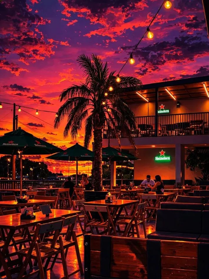 Terraço do Lago ao entardecer, com mesas de madeira, palmeira e luzes penduradas